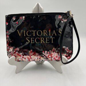VICTORIA'S SECRET BLACK SEQUIN Wristlet MAKEUP COSMETIC PENCIL POUCH